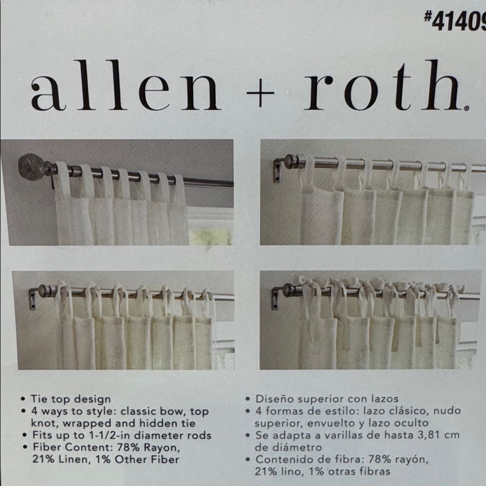 Allen + Roth Harlow Ivory Light Filtering Tie Top ONE Curtain Panel 50x95” NEW - Picture 7 of 8